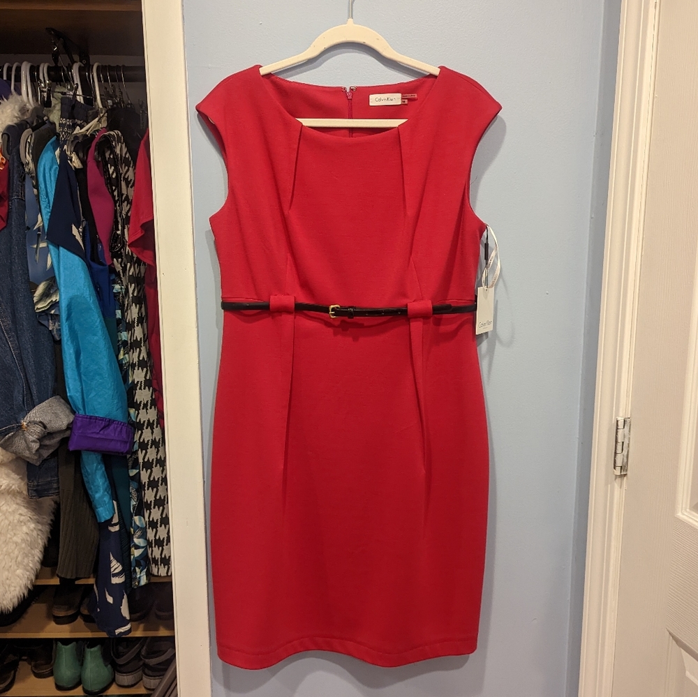 FINAL PRICE CALVIN KLEIN Magenta Structured Belted Sleeveless Shift Dress 14